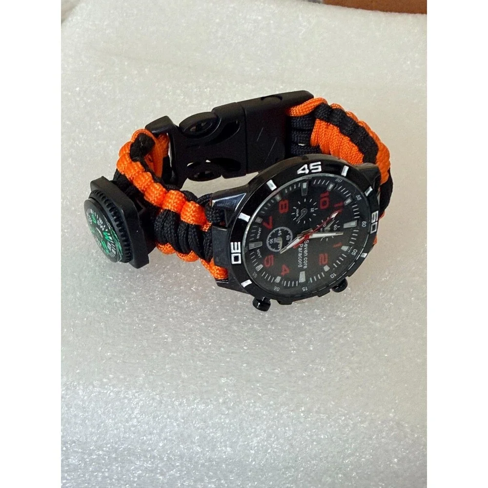 New Paracord Survival Tactical Watch with Compass Whistle & Fire Starter Orange